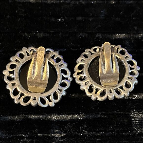 Vintage Judy Lee Round Silvertone Floral Orange Glass Stone Clip On Earrings - Picture 4 of 5